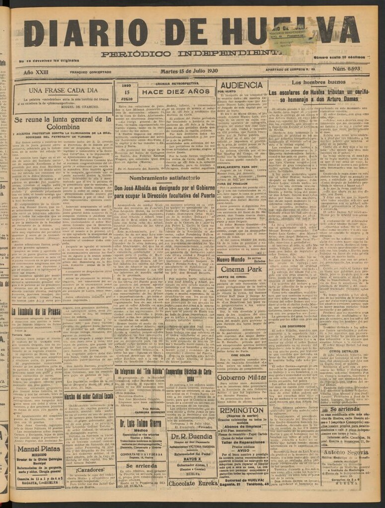 Miniatura de Diario de Huelva : periódico independiente del 15 de julio de 1930