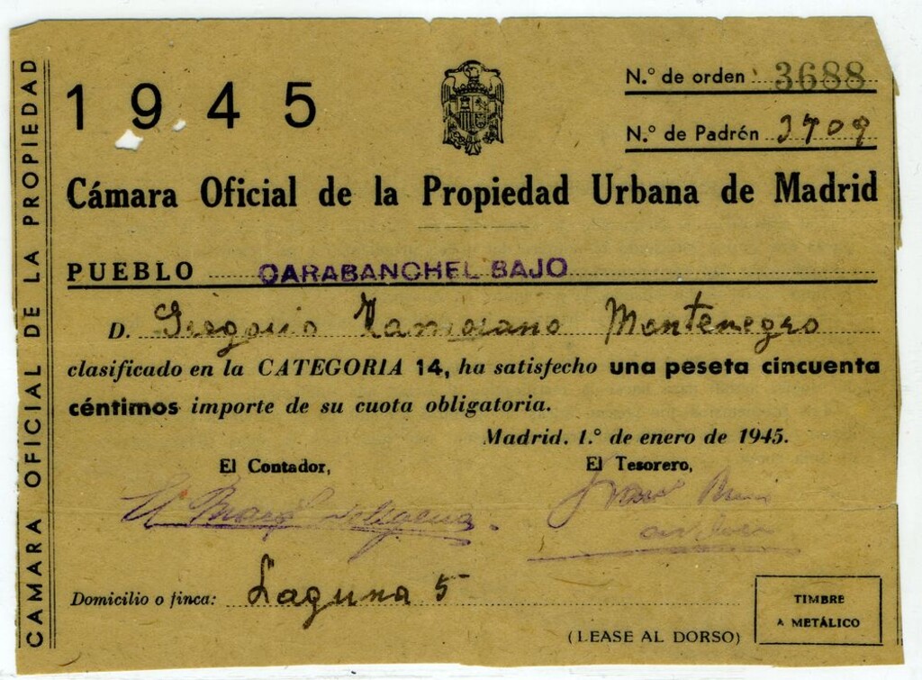 Miniatura de Recibo de la Cámara Oficial de la Propiedad Urbana de Madrid