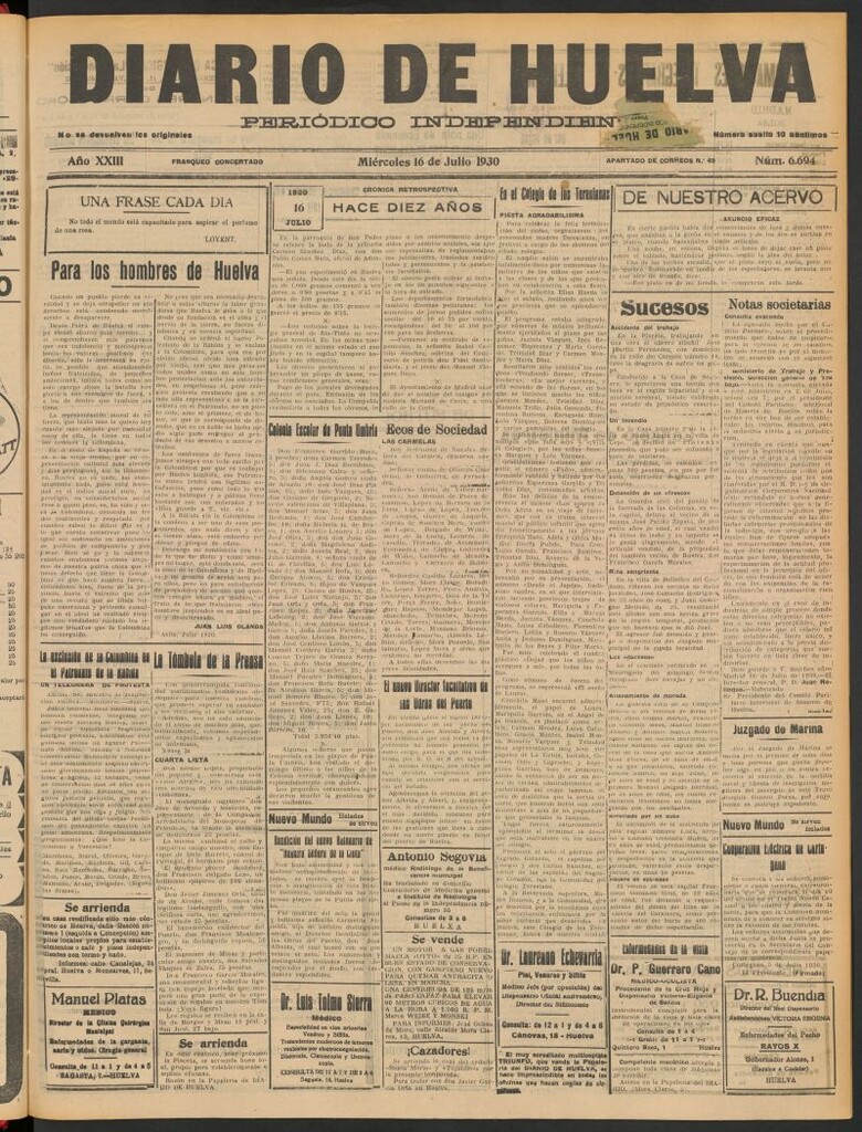 Miniatura de Diario de Huelva : periódico independiente del 16 de julio de 1930