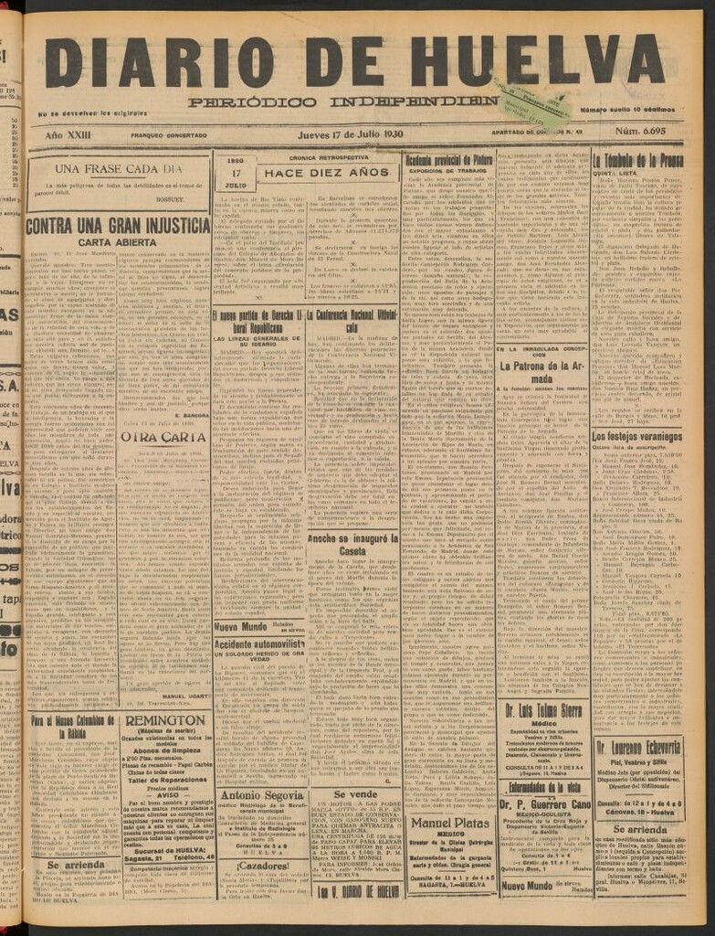 Miniatura de Diario de Huelva : periódico independiente del 17 de julio de 1930