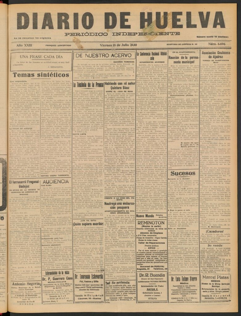 Miniatura de Diario de Huelva : periódico independiente del 18 de julio de 1930