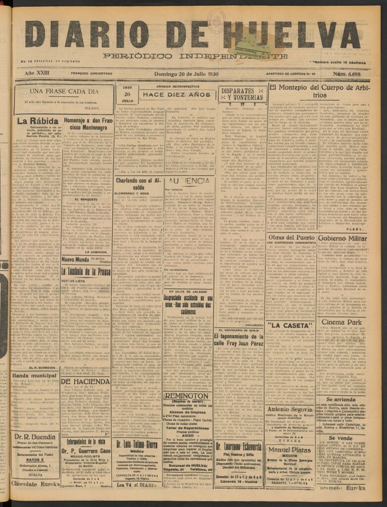 Miniatura de Diario de Huelva : periódico independiente del 20 de julio de 1930