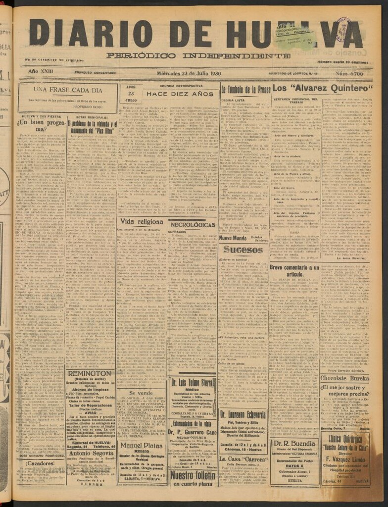 Miniatura de Diario de Huelva : periódico independiente del 23 de julio de 1930
