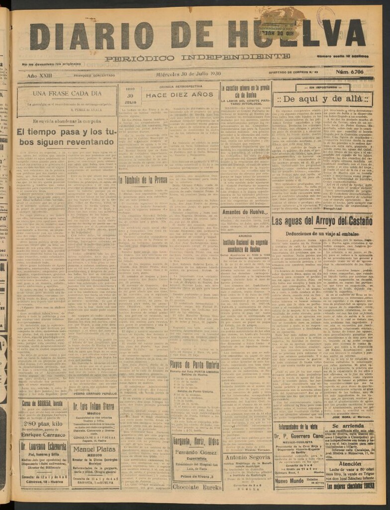 Miniatura de Diario de Huelva : periódico independiente del 30 de julio de 1930