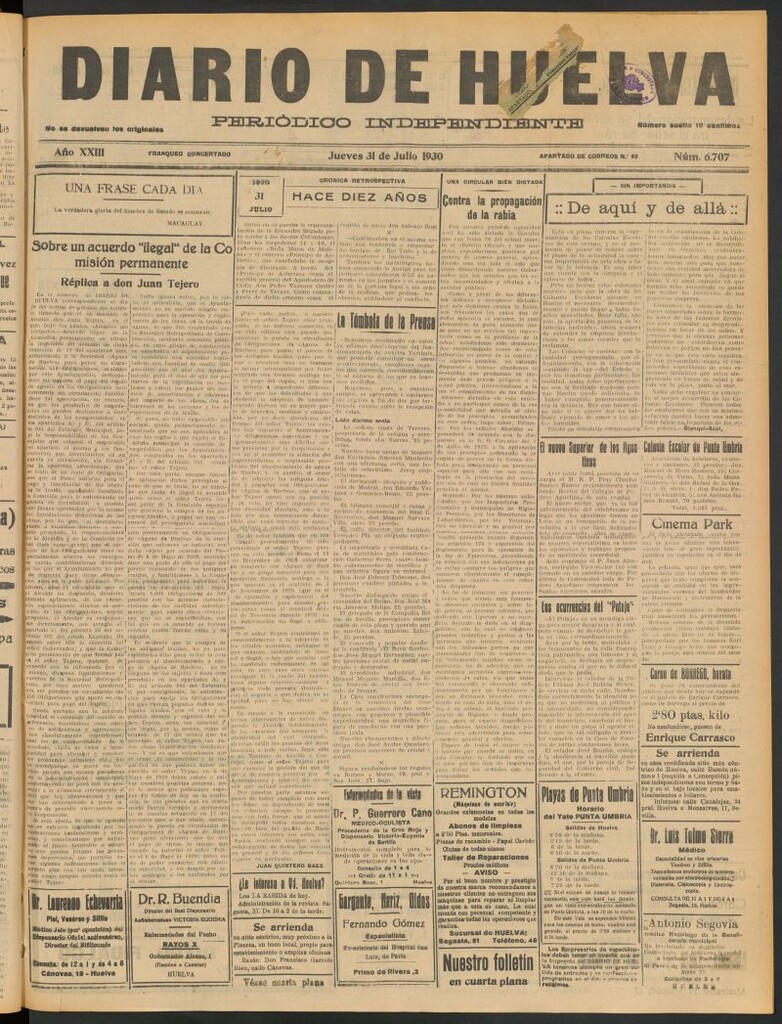 Miniatura de Diario de Huelva : periódico independiente del 31 de julio de 1930
