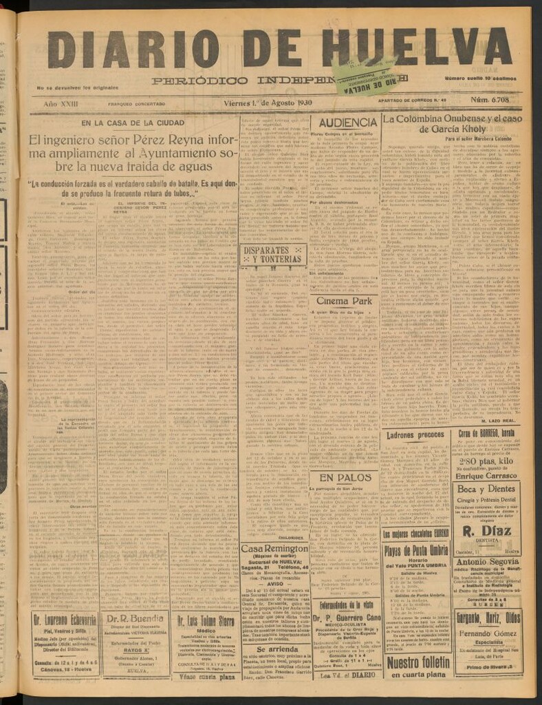 Miniatura de Diario de Huelva : periódico independiente del 1 de agosto de 1930