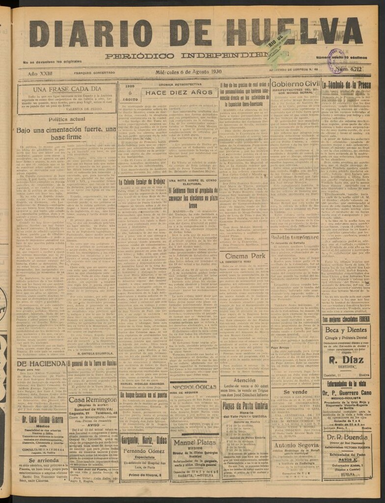 Miniatura de Diario de Huelva : periódico independiente del 6 de agosto de 1930