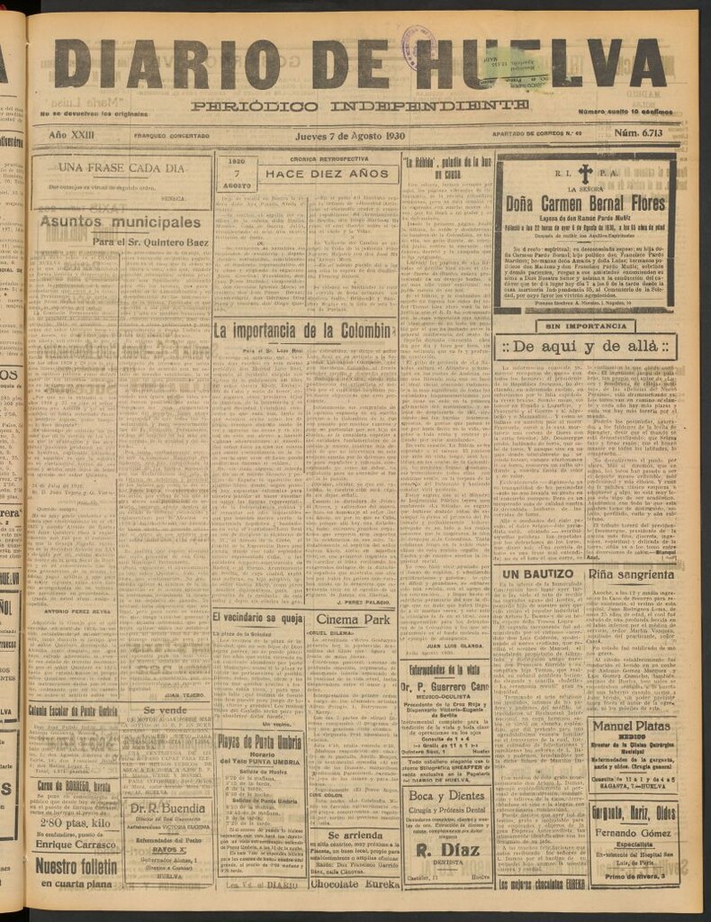 Miniatura de Diario de Huelva : periódico independiente del 7 de agosto de 1930