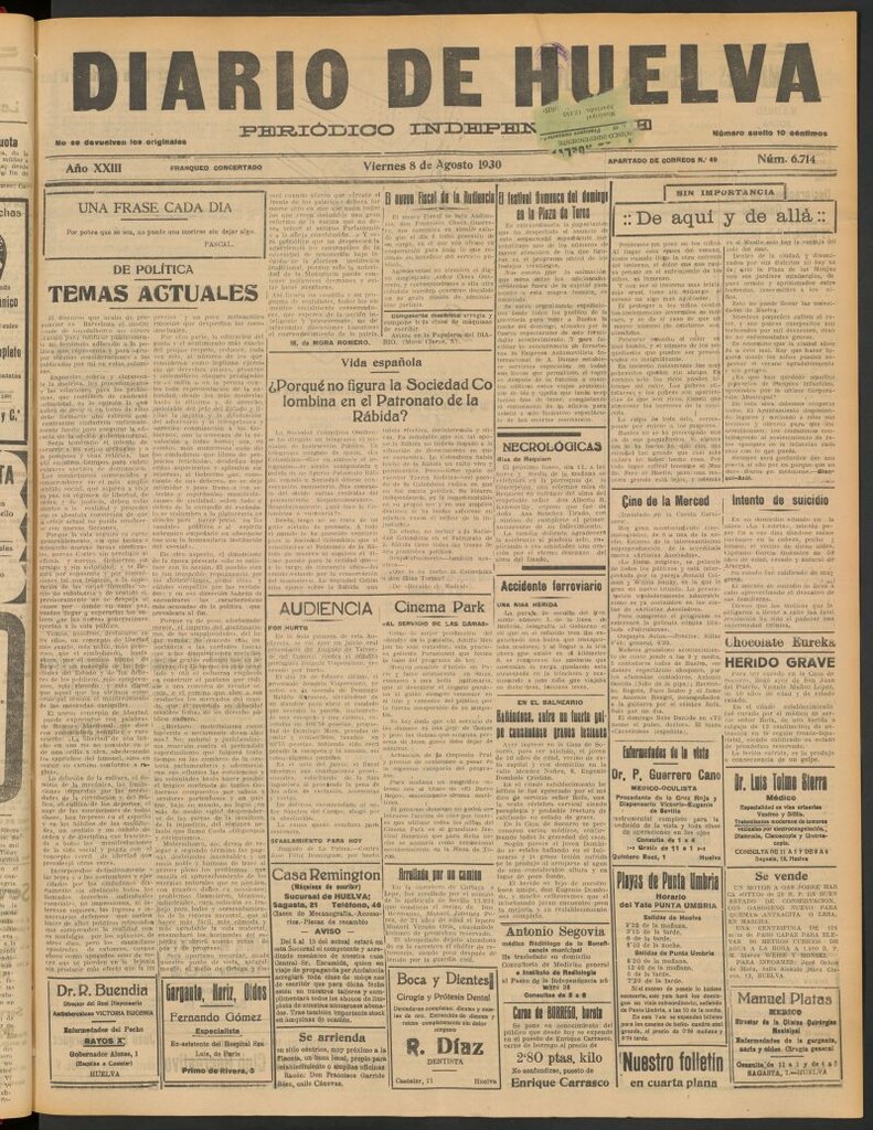 Miniatura de Diario de Huelva : periódico independiente del 8 de agosto de 1930