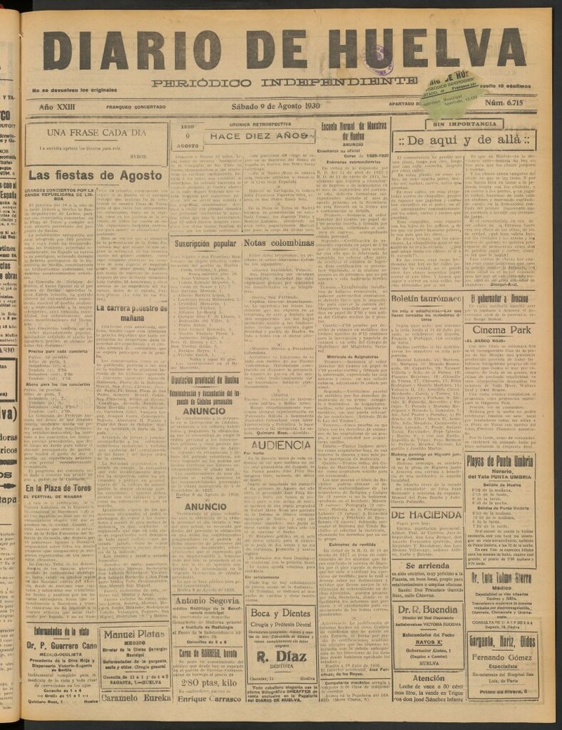 Miniatura de Diario de Huelva : periódico independiente del 9 de agosto de 1930