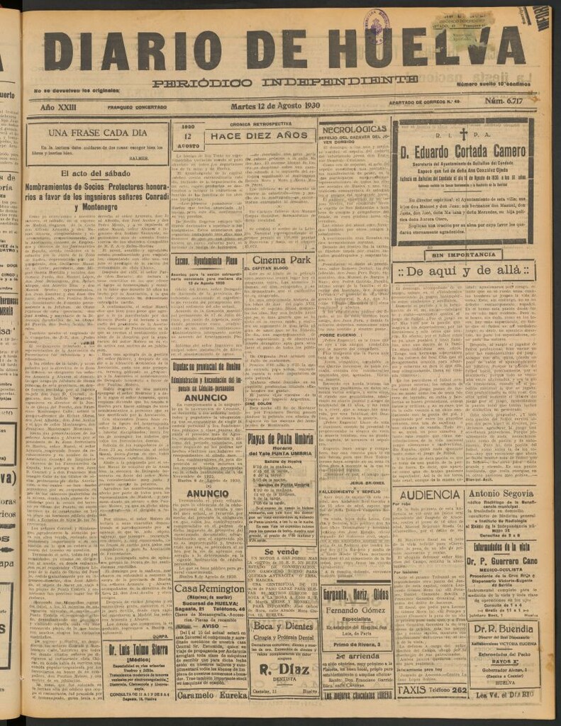 Miniatura de Diario de Huelva : periódico independiente del 12 de agosto de 1930