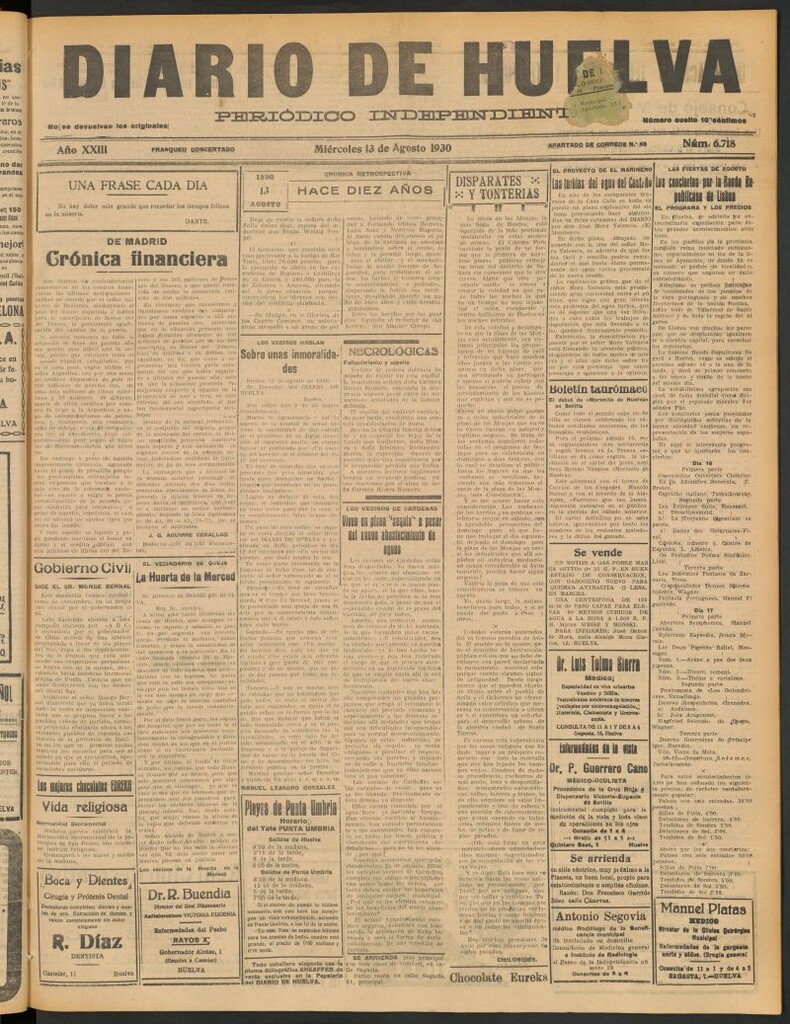 Miniatura de Diario de Huelva : periódico independiente del 13 de agosto de 1930
