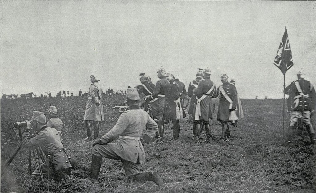 Miniatura de El Kaiser Guillermo II y su Estado Mayor presenciando un combate