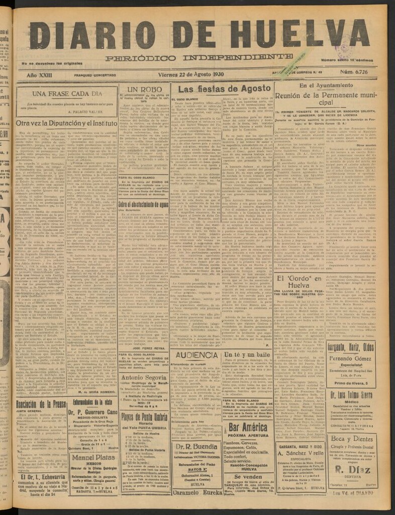 Miniatura de Diario de Huelva : periódico independiente del 22 de agosto de 1930