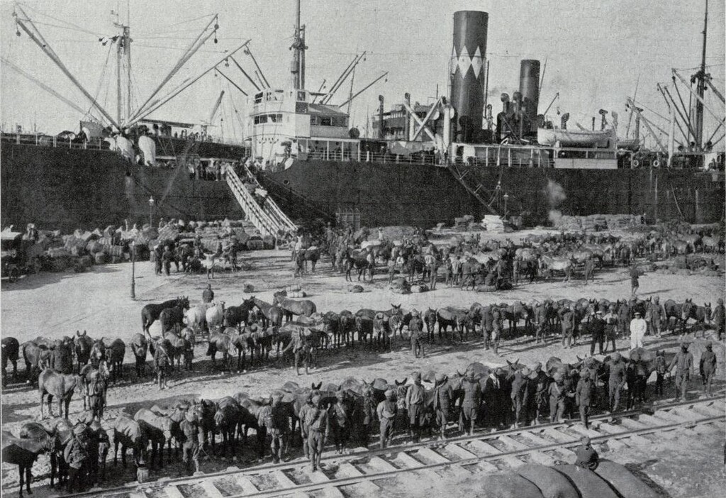 Miniatura de Tropas anglo-indias embarcando con su ganado en el muelle de Alejandría con destino a los Dardanelos