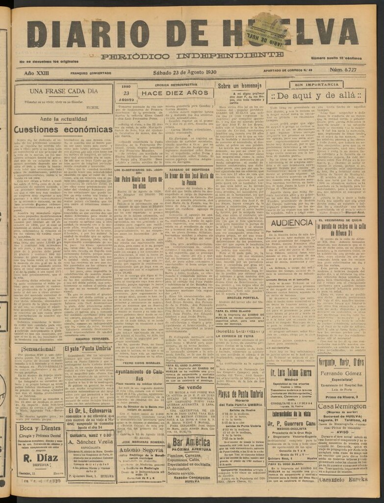Miniatura de Diario de Huelva : periódico independiente del 23 de agosto de 1930