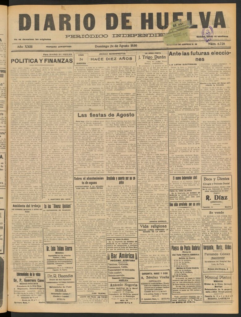 Miniatura de Diario de Huelva : periódico independiente del 24 de agosto de 1930