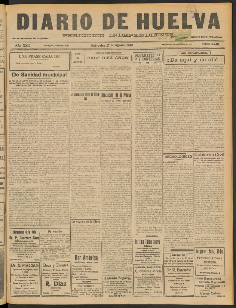 Miniatura de Diario de Huelva : periódico independiente del 27 de agosto de 1930
