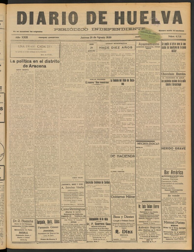Miniatura de Diario de Huelva : periódico independiente del 28 de agosto de 1930