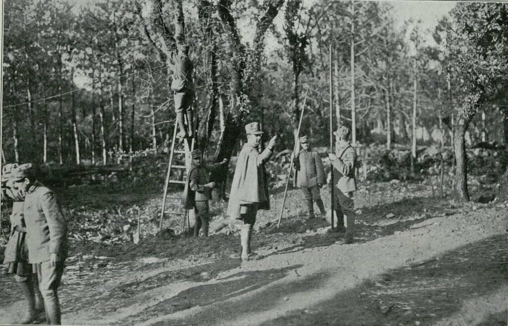 Miniatura de Ingenieros italianos tendiendo una línea telefónica en el bosque de San Valentino