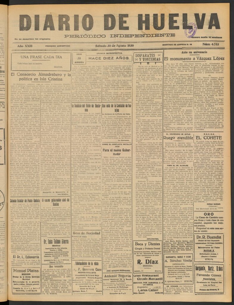 Miniatura de Diario de Huelva : periódico independiente del 30 de agosto de 1930