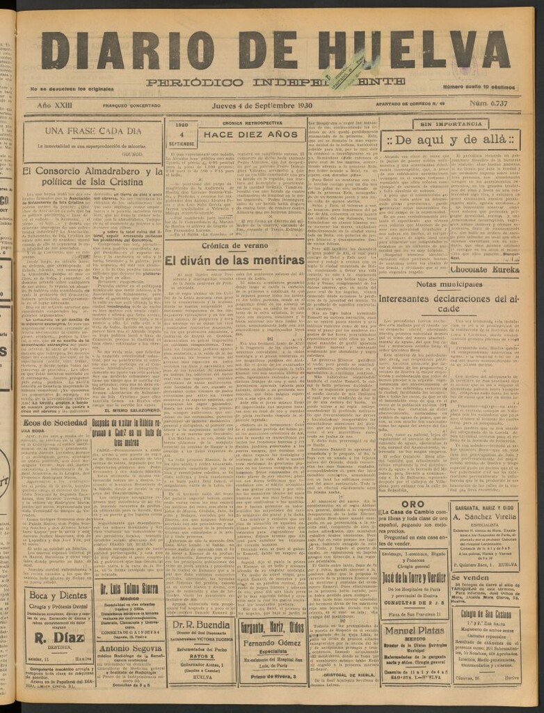 Miniatura de Diario de Huelva : periódico independiente del 4 de septiembre de 1930