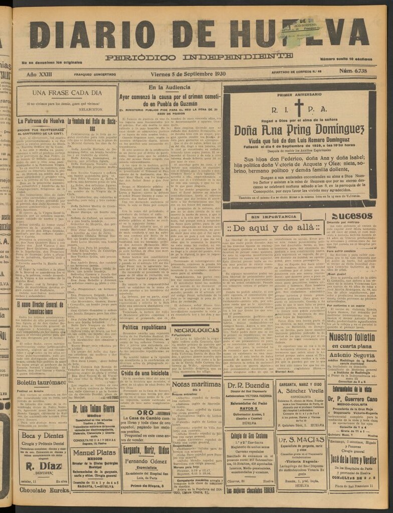Miniatura de Diario de Huelva : periódico independiente del 5 de septiembre de 1930