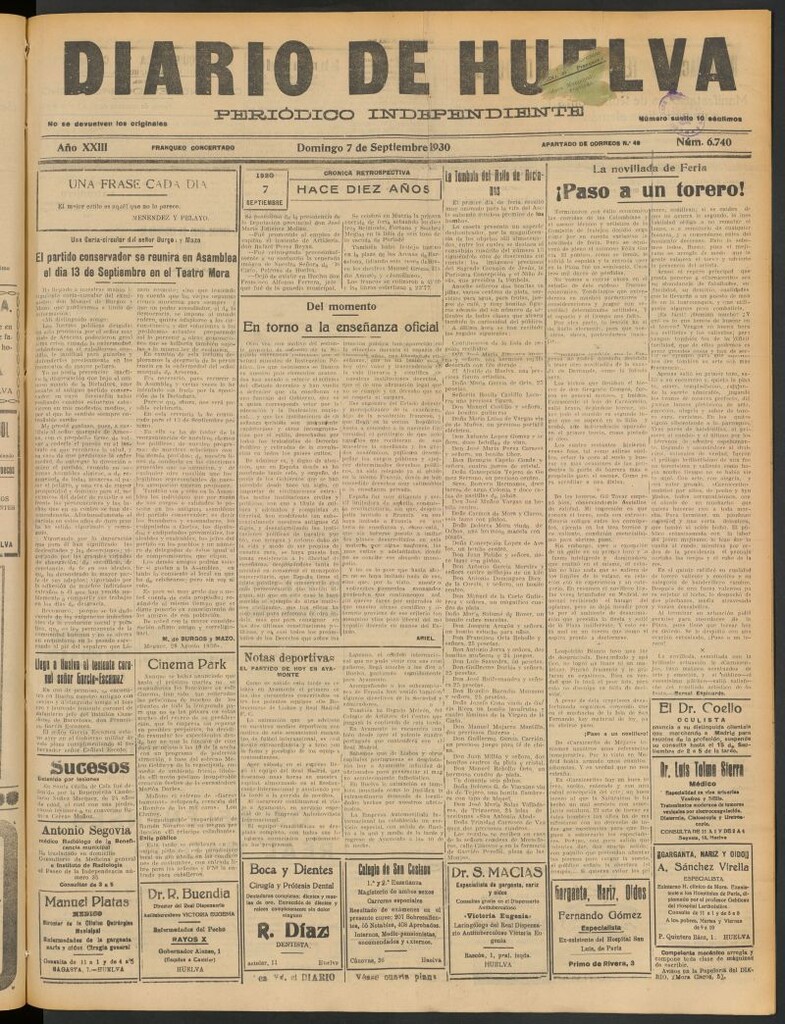 Miniatura de Diario de Huelva : periódico independiente del 7 de septiembre de 1930