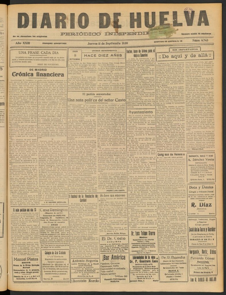 Miniatura de Diario de Huelva : periódico independiente del 11 de septiembre de 1930