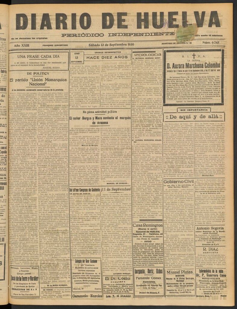 Miniatura de Diario de Huelva : periódico independiente del 13 de septiembre de 1930