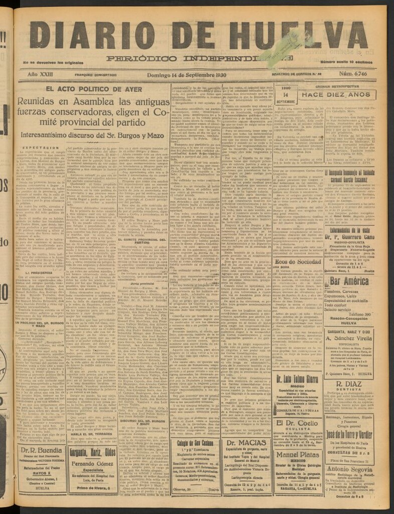 Miniatura de Diario de Huelva : periódico independiente del 14 de septiembre de 1930