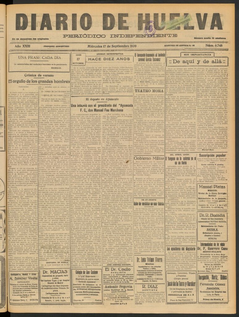 Miniatura de Diario de Huelva : periódico independiente del 17 de septiembre de 1930