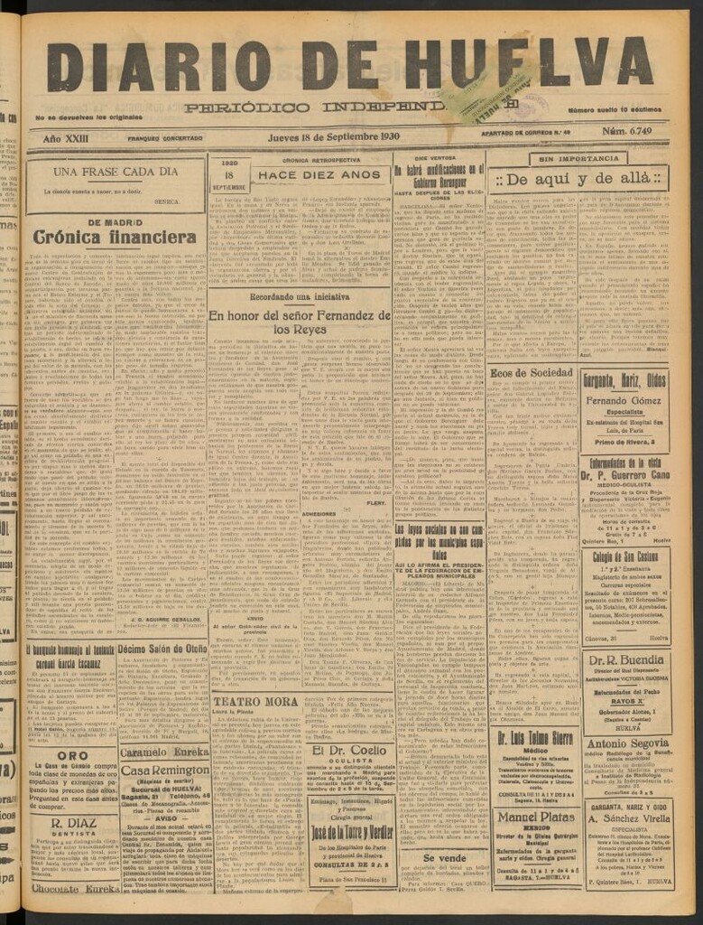 Miniatura de Diario de Huelva : periódico independiente del 18 de septiembre de 1930