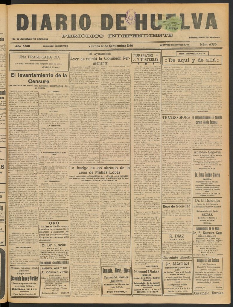 Miniatura de Diario de Huelva : periódico independiente del 19 de septiembre de 1930
