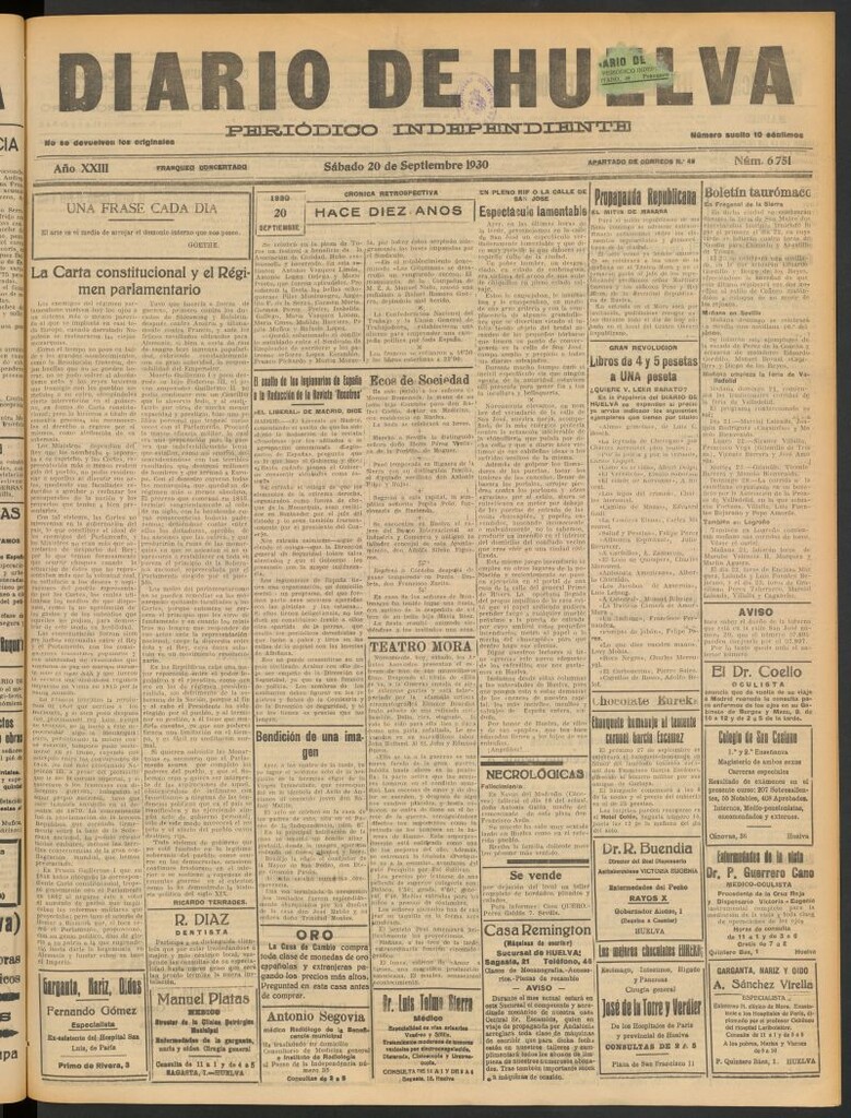 Miniatura de Diario de Huelva : periódico independiente del 20 de septiembre de 1930