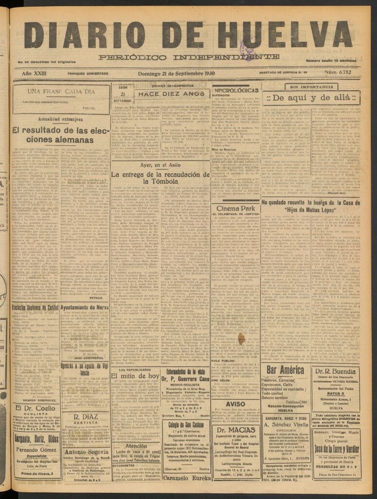 Miniatura de Diario de Huelva : periódico independiente del 21 de septiembre de 1930
