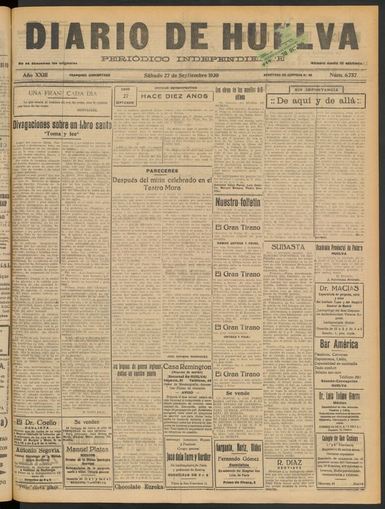 Miniatura de Diario de Huelva : periódico independiente del 27 de septiembre de 1930