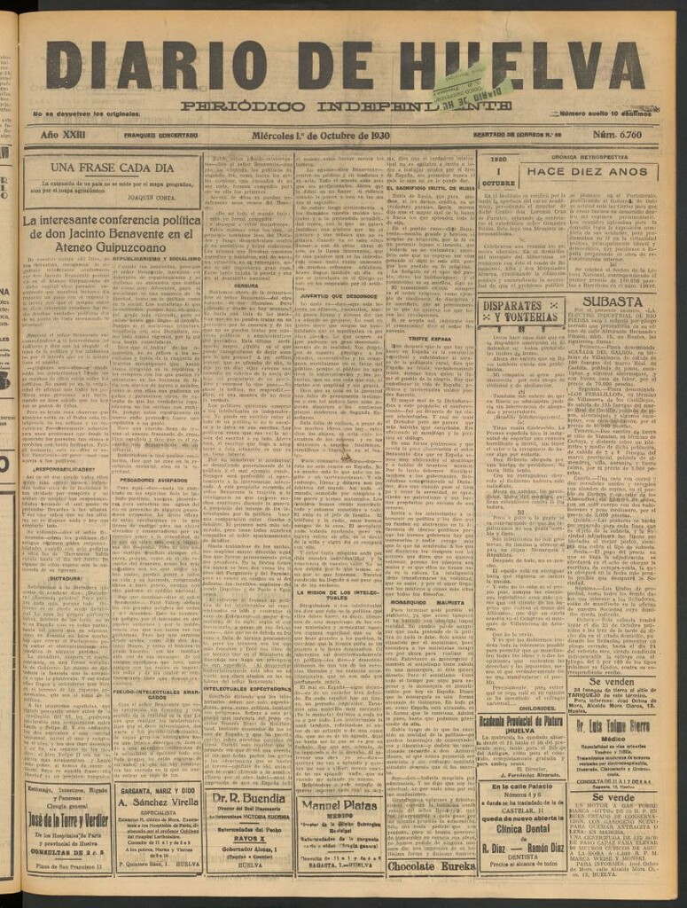 Miniatura de Diario de Huelva : periódico independiente del 1 de octubre de 1930