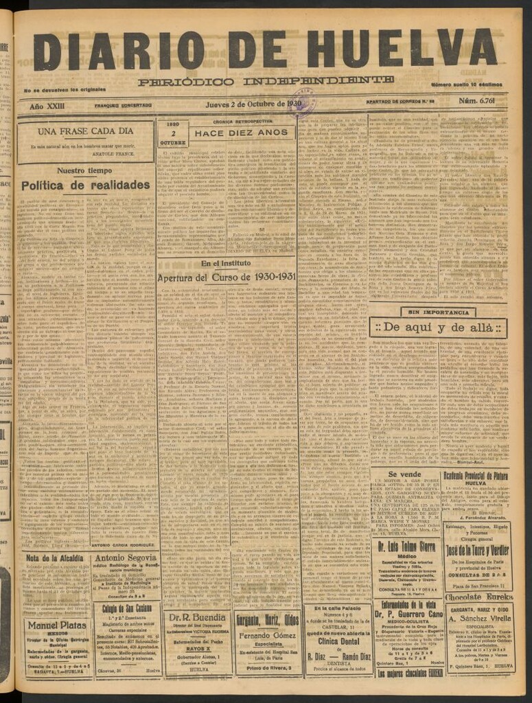 Miniatura de Diario de Huelva : periódico independiente del 2 de octubre de 1930
