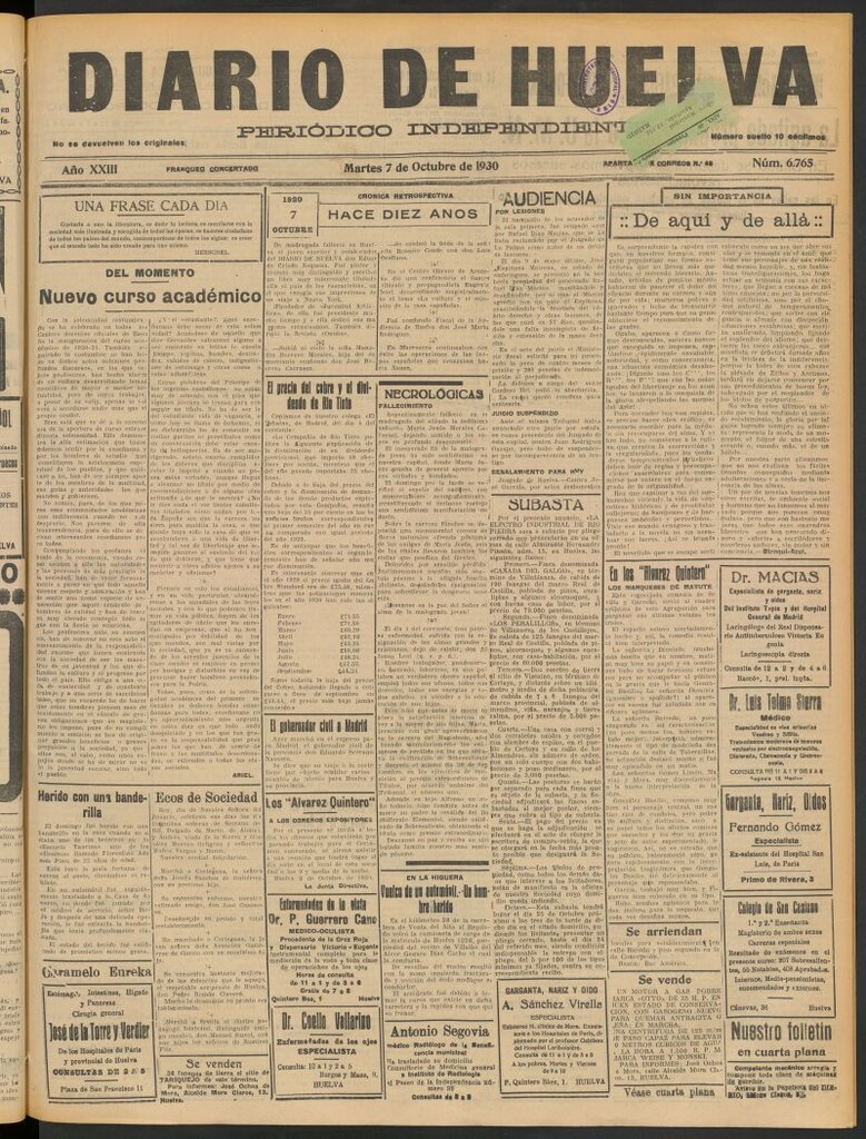 Miniatura de Diario de Huelva : periódico independiente del 7 de octubre de 1930