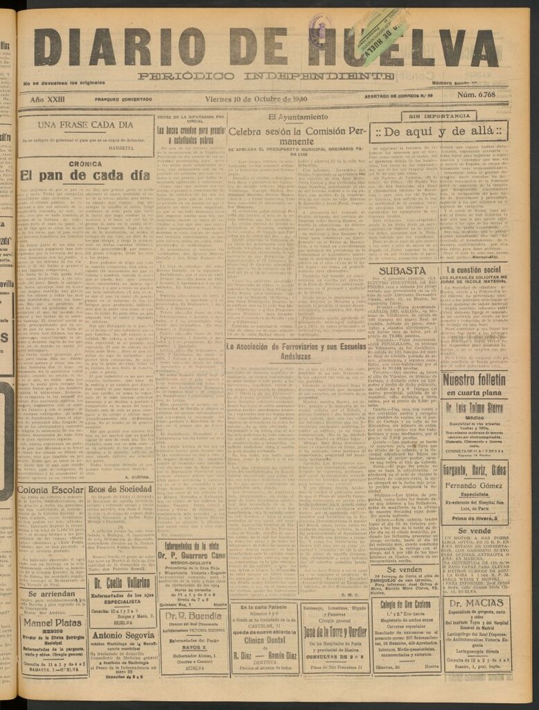 Miniatura de Diario de Huelva : periódico independiente del 10 de octubre de 1930