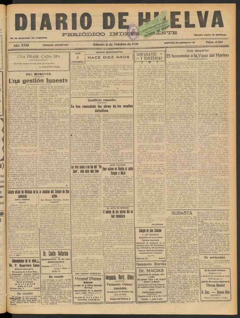 Miniatura de Diario de Huelva : periódico independiente del 11 de octubre de 1930