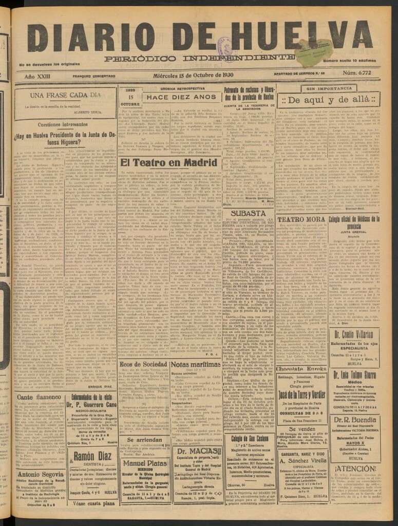 Miniatura de Diario de Huelva : periódico independiente del 15 de octubre de 1930