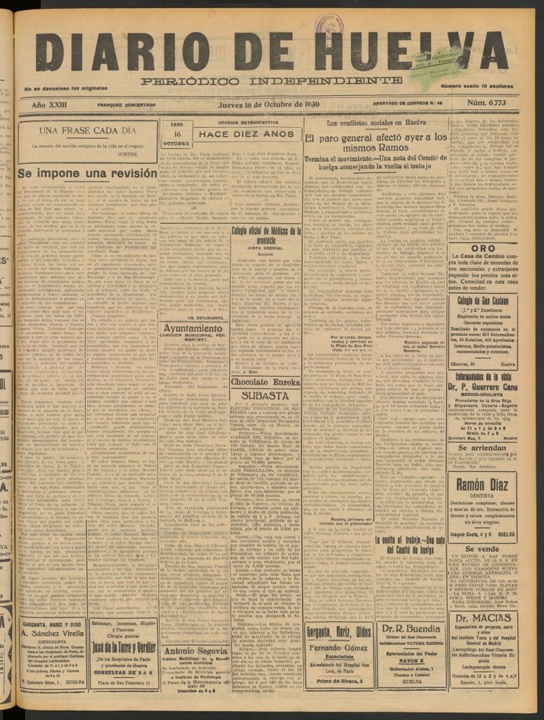 Miniatura de Diario de Huelva : periódico independiente del 16 de octubre de 1930