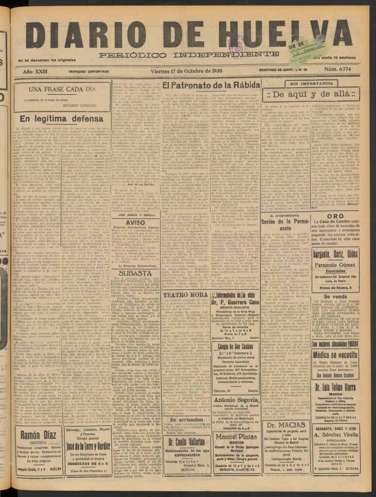 Miniatura de Diario de Huelva : periódico independiente del 17 de octubre de 1930