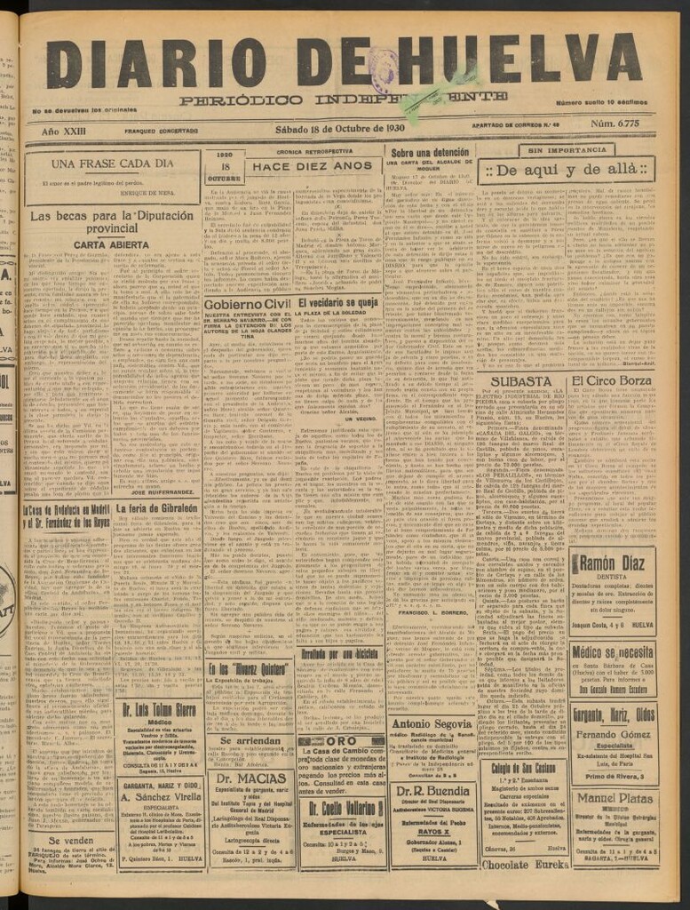 Miniatura de Diario de Huelva : periódico independiente del 18 de octubre de 1930