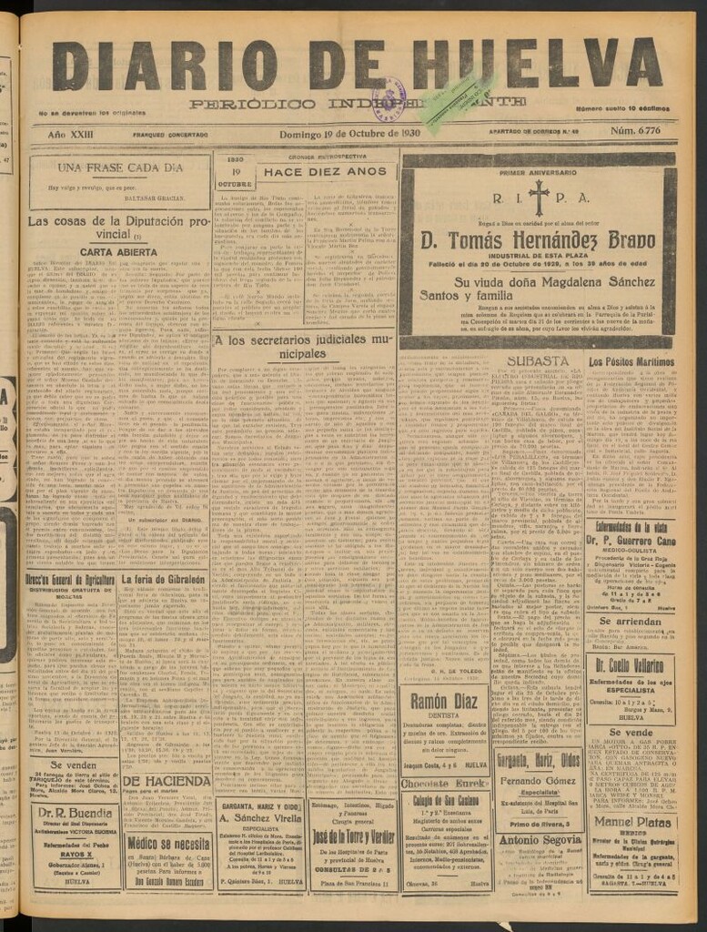 Miniatura de Diario de Huelva : periódico independiente del 19 de octubre de 1930