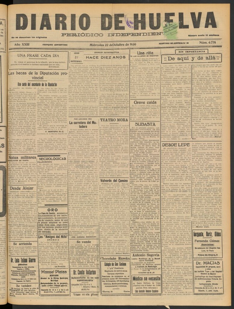 Miniatura de Diario de Huelva : periódico independiente del 22 de octubre de 1930