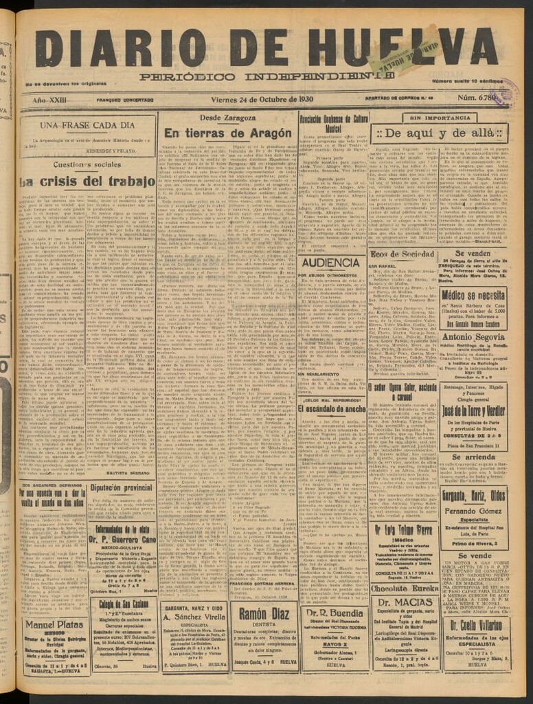 Miniatura de Diario de Huelva : periódico independiente del 24 de octubre de 1930