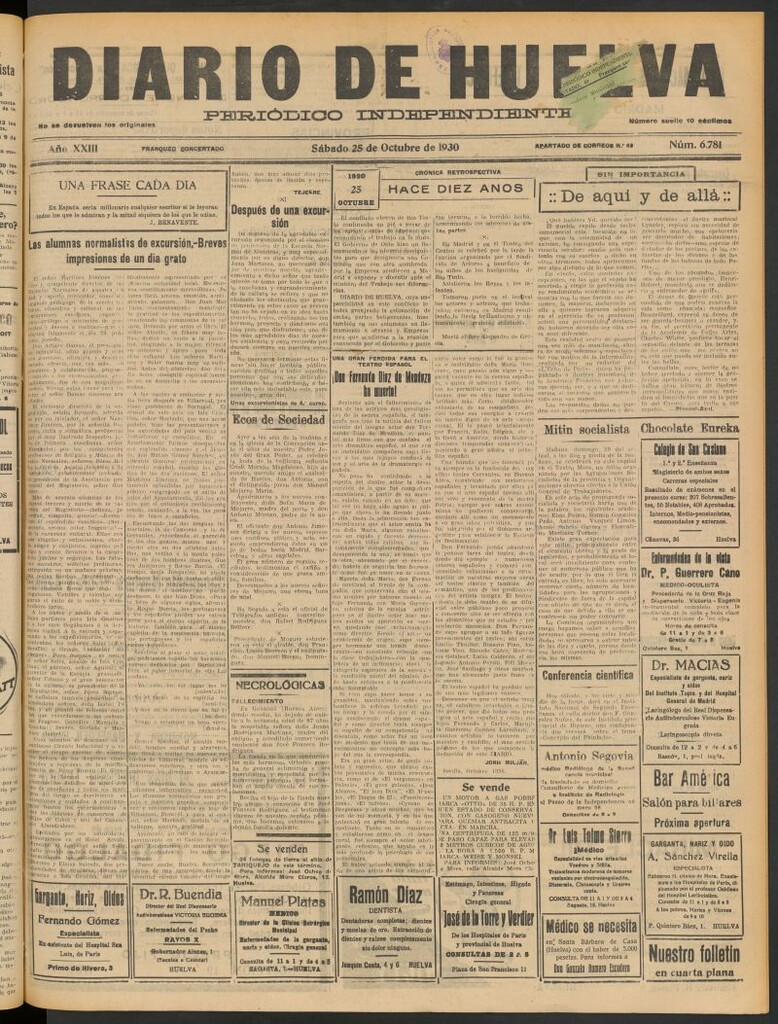 Miniatura de Diario de Huelva : periódico independiente del 25 de octubre de 1930